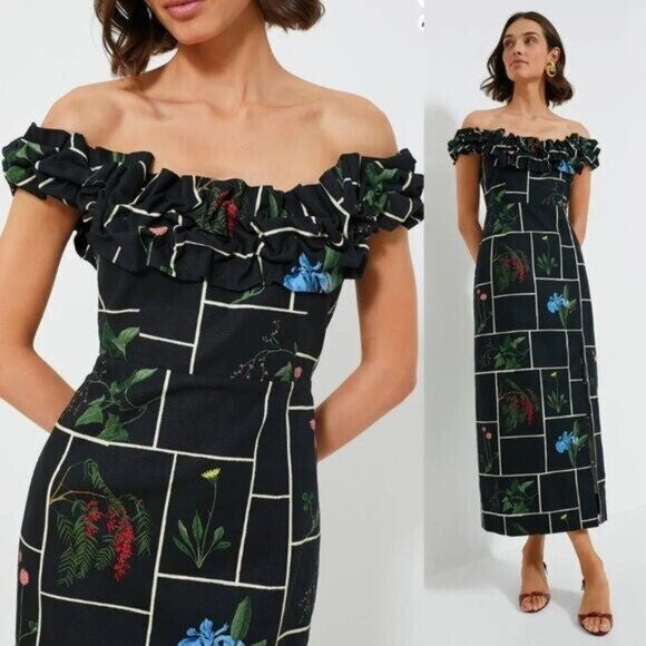 Tuckernuck NEW Black Fresher Buds Suze Floral Patchwork Denim Maxi Dress Size 2